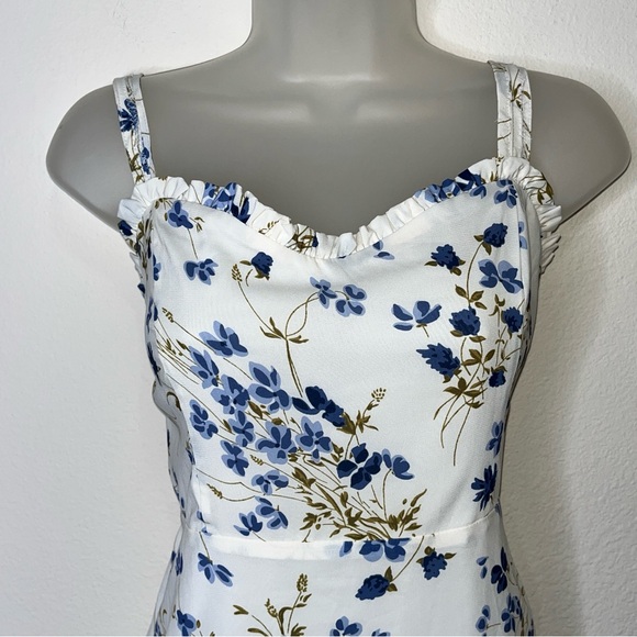 RIHOAS Floral Ruffle Flounce Trim Trumpet Mini Dress White Blue Medium Boho - Picture 6 of 14